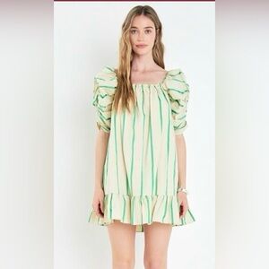 English Factory Cream Dress Top with Green Stripes and Puff Sleeves